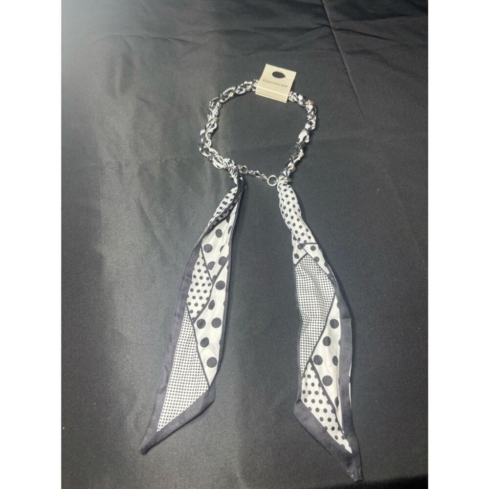 New Twilly Bag Charm Chain Scarf Necklace with Black & White Polka Dot Ties